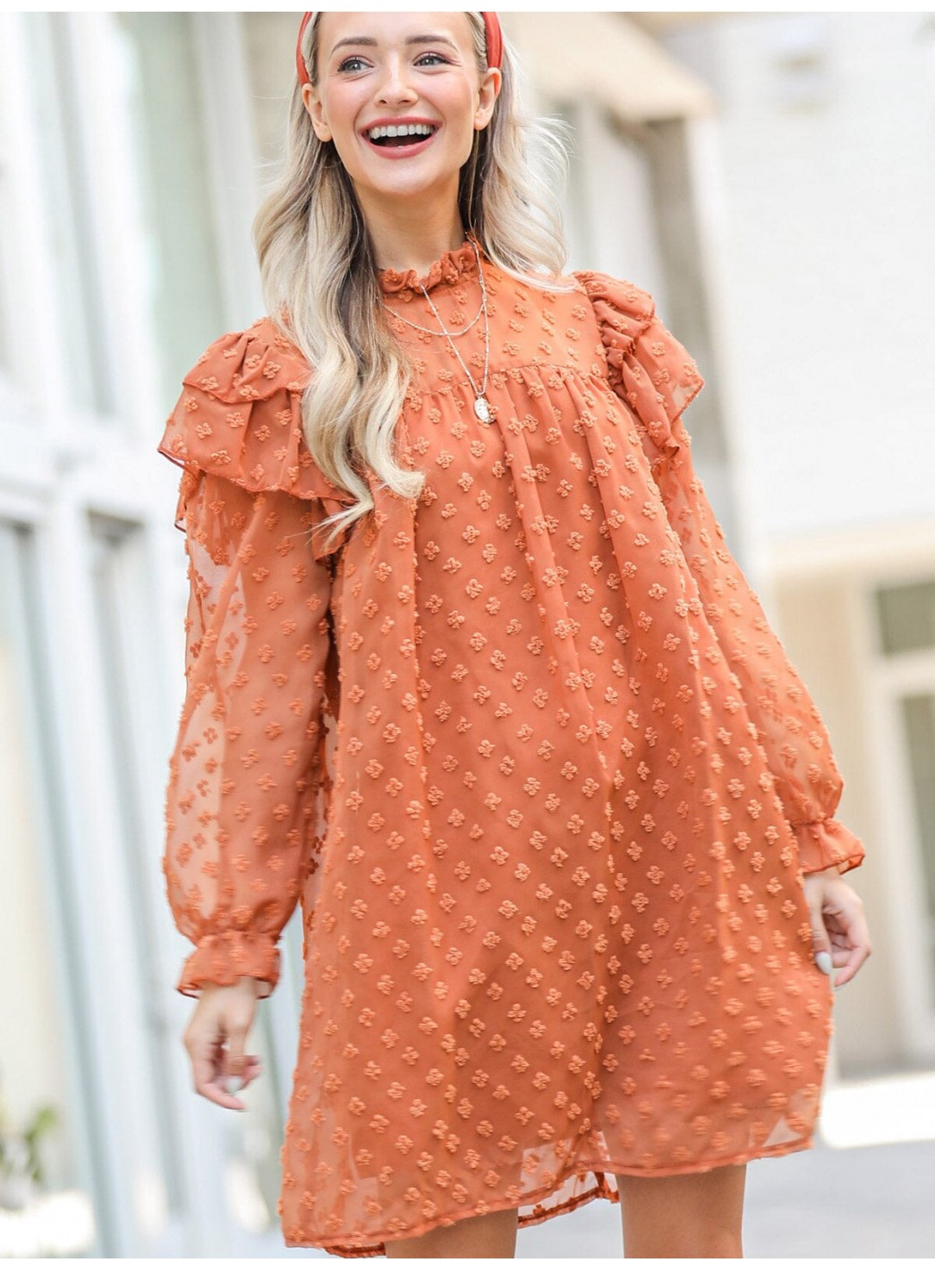 WOMEN'S LONG RUFFLE SLEEVE SWISS DETAILED TUNIC MINI DRESS