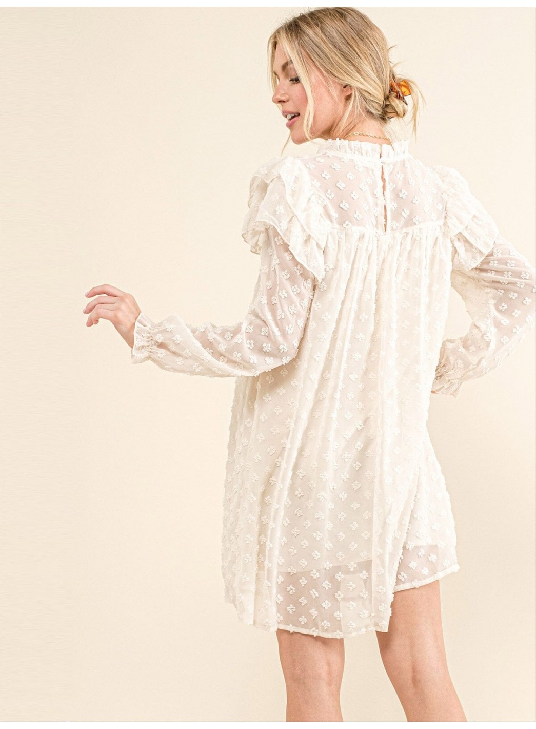 WOMEN'S LONG RUFFLE SLEEVE SWISS DETAILED TUNIC MINI DRESS