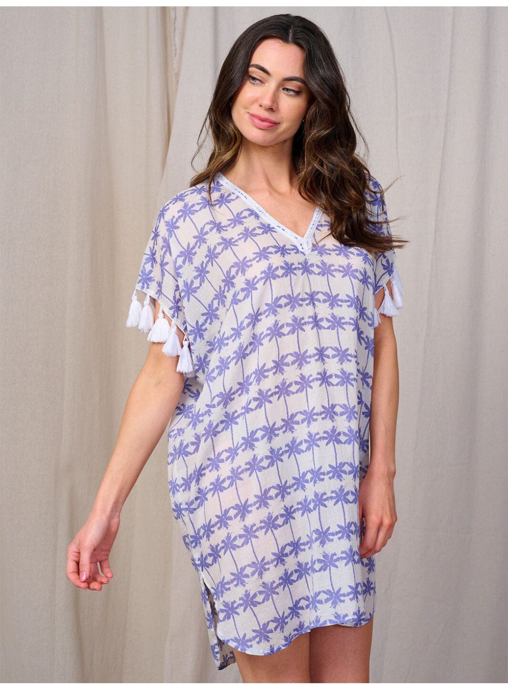 WOMEN'S SHORT TASSEL SLEEVE V-NECK PRINT TUNIC MINI DRESS