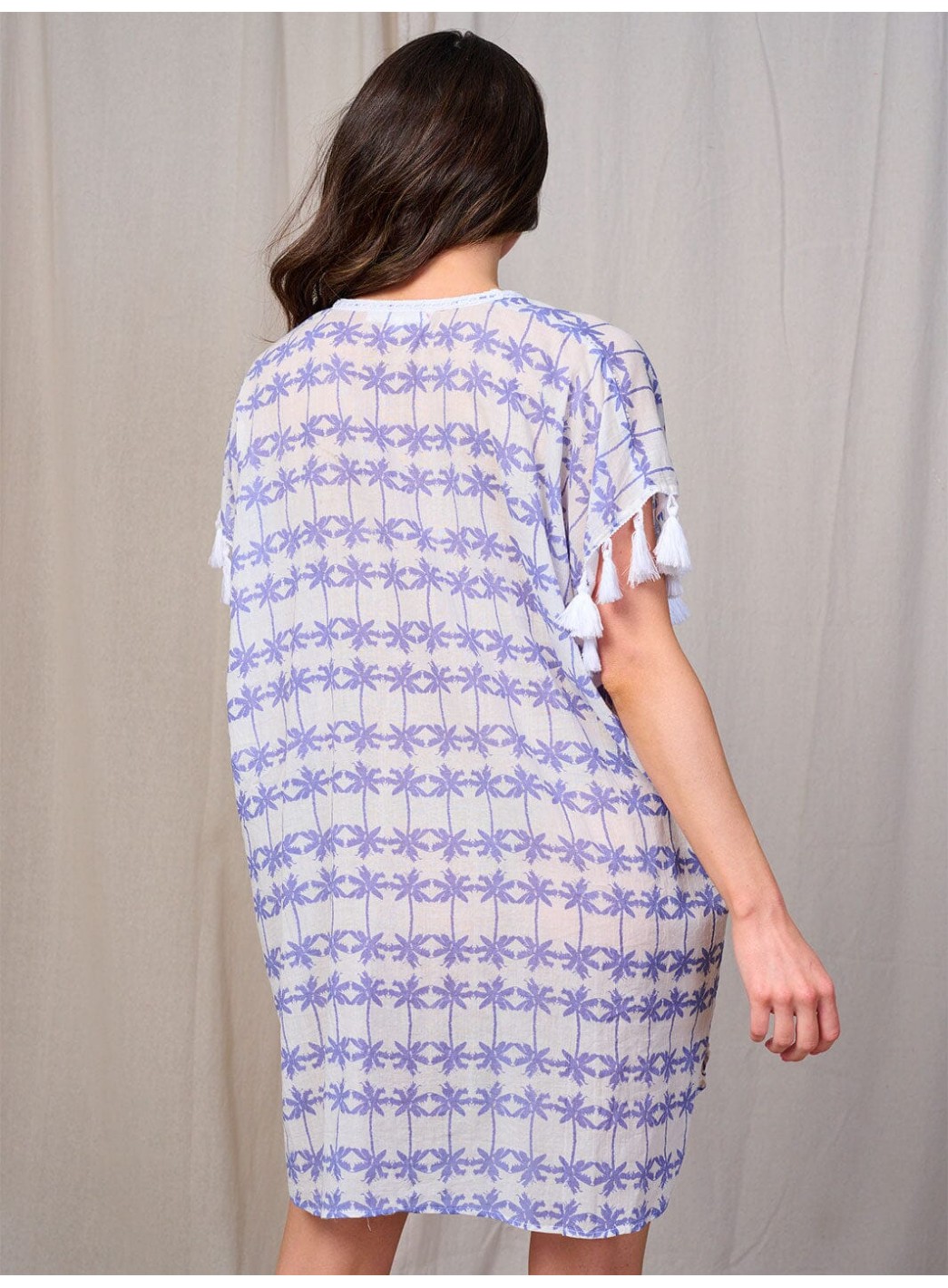 WOMEN'S SHORT TASSEL SLEEVE V-NECK PRINT TUNIC MINI DRESS