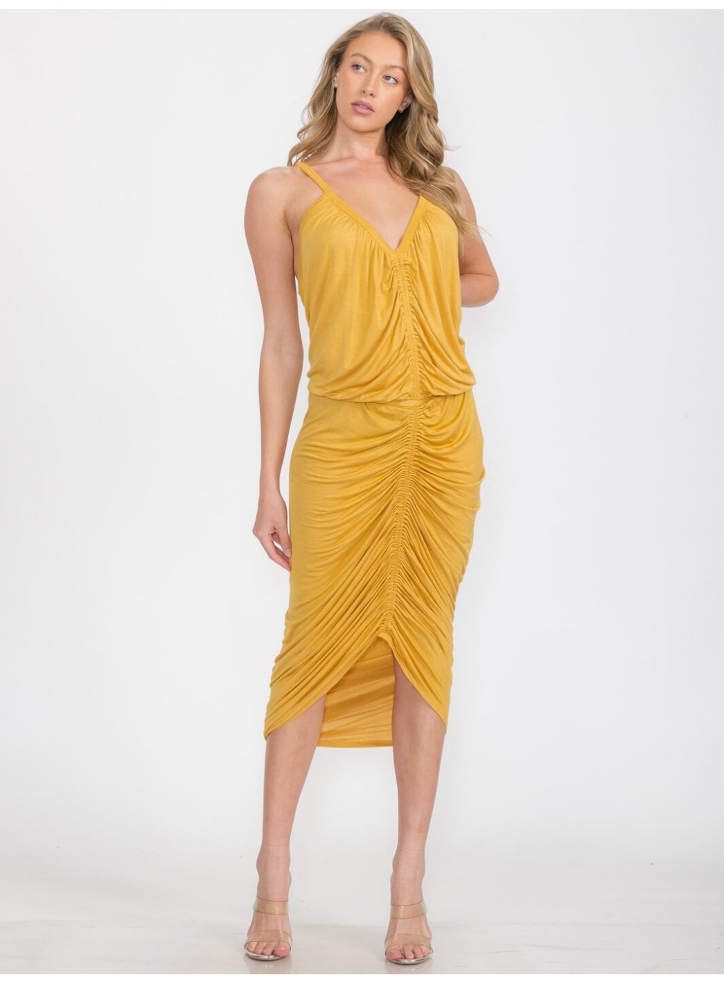 WOMEN'S SLEEVELESS V-NECK FRONT RUCHED BODYCON MIDI DRESS