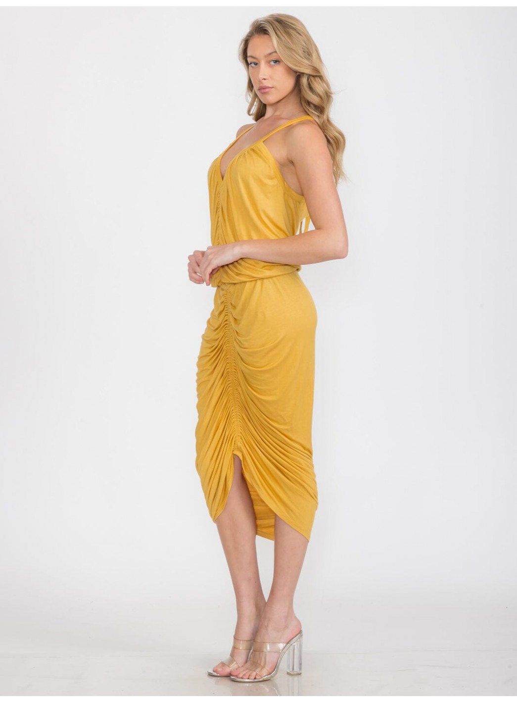 WOMEN'S SLEEVELESS V-NECK FRONT RUCHED BODYCON MIDI DRESS