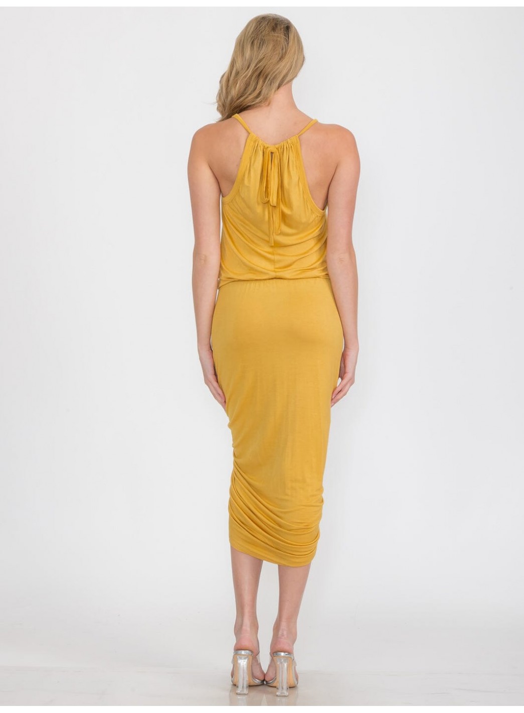 WOMEN'S SLEEVELESS V-NECK FRONT RUCHED BODYCON MIDI DRESS