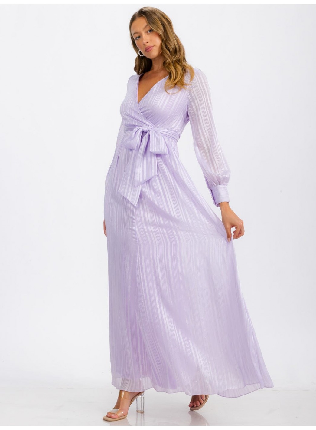 WOMEN'S LONG SLEEVE SURPLICE SELF TIE SHIMMER MAXI DRESS