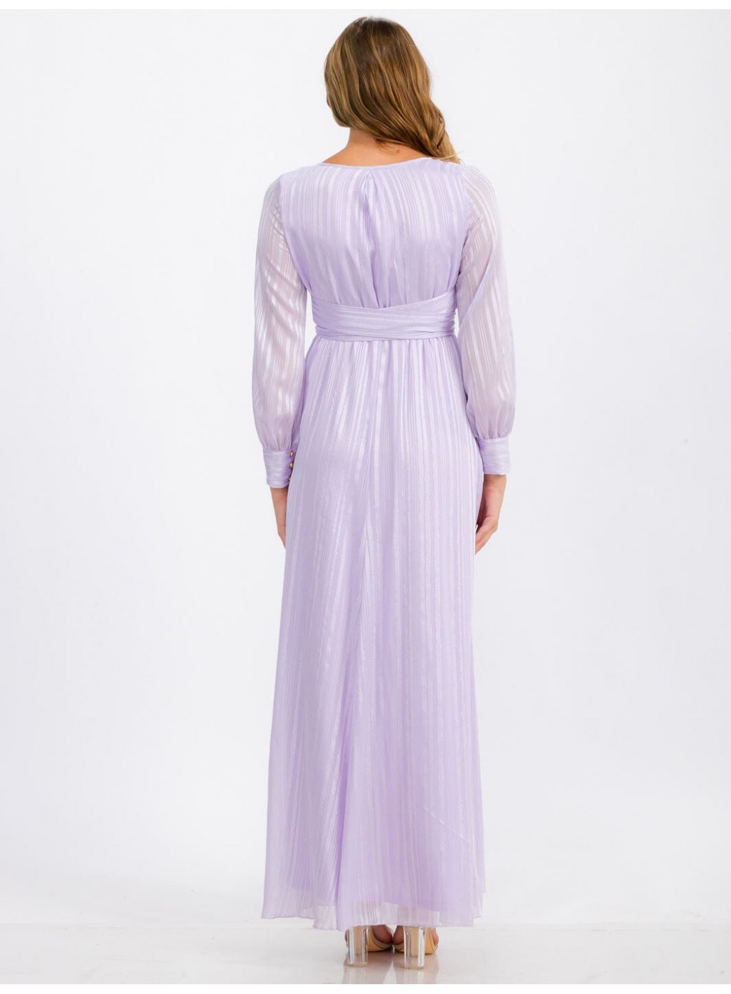 WOMEN'S LONG SLEEVE SURPLICE SELF TIE SHIMMER MAXI DRESS