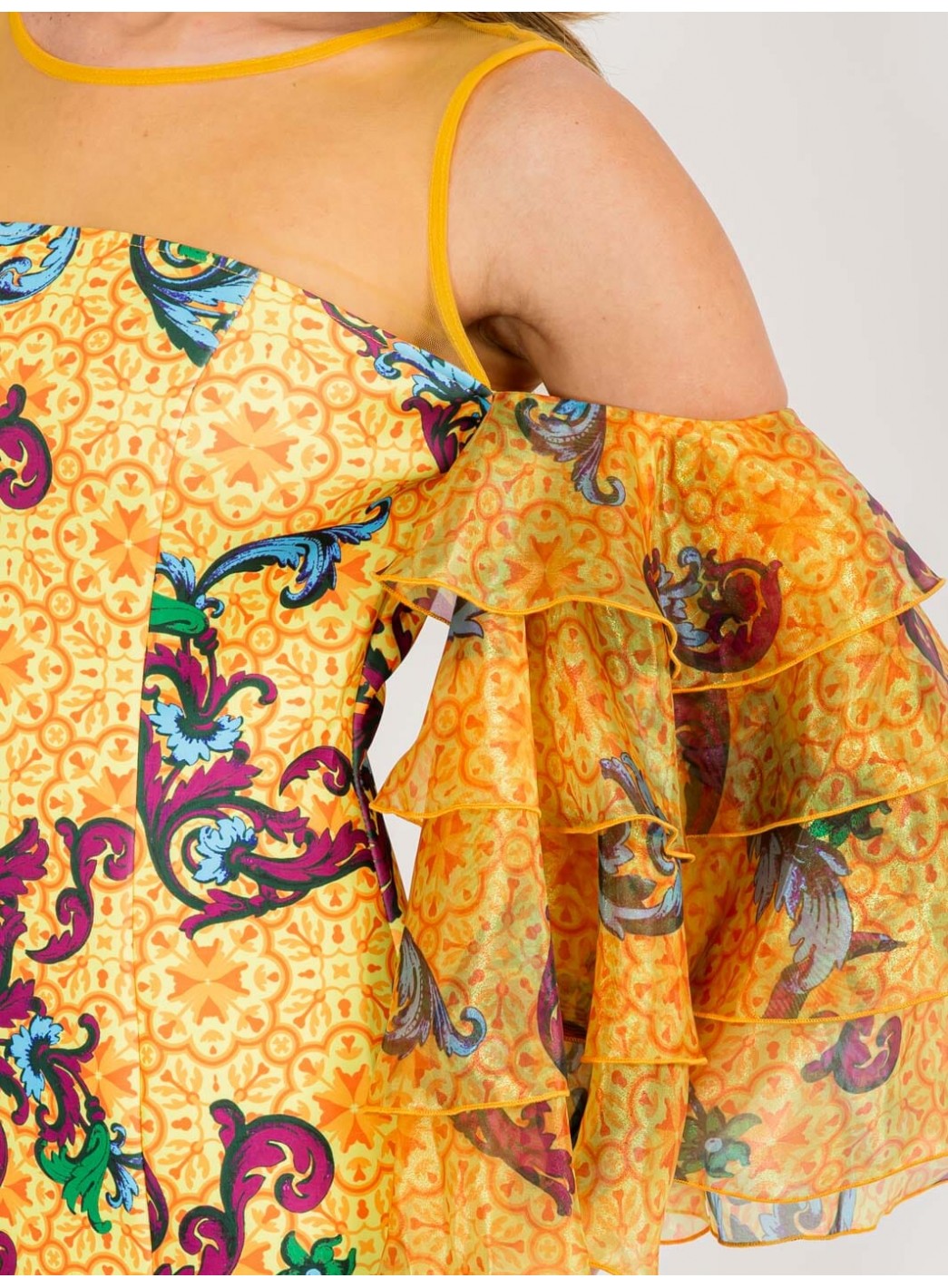 WOMEN'S COLD SHOULDER SHORT RUFFLE SLEEVE MULTI PRINT MIDI DRESS