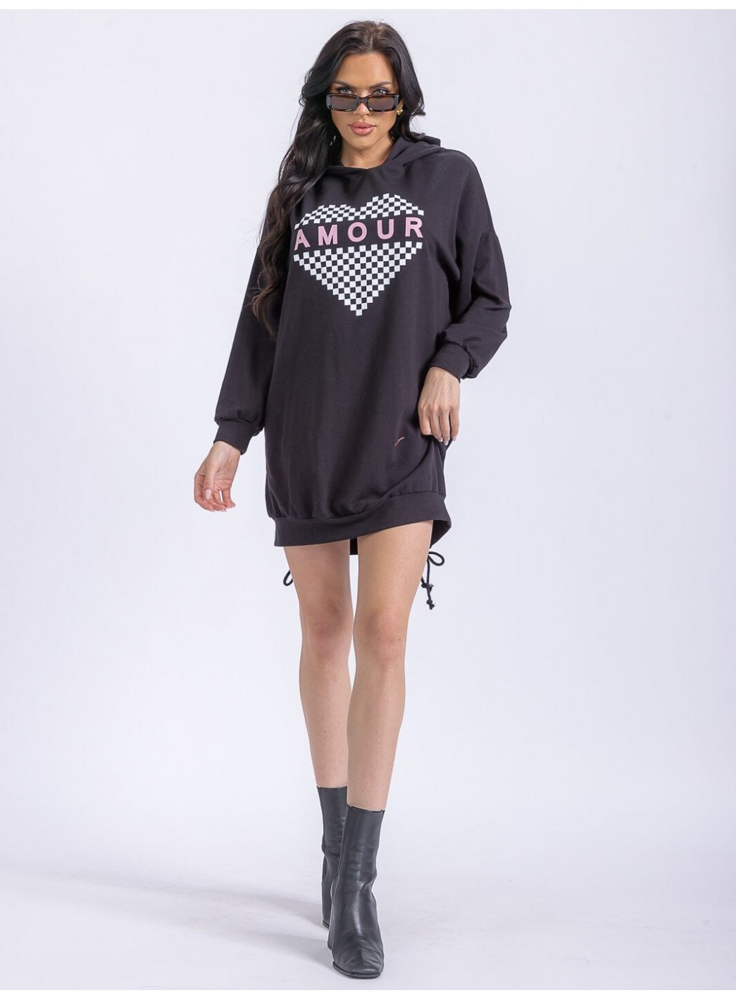 WOMEN'S LONG SLEEVE FRONT POCKETS WASHED HOODED GRAPHIC SWEATER MINI DRESS