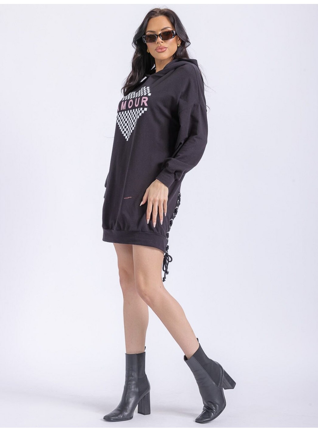 WOMEN'S LONG SLEEVE FRONT POCKETS WASHED HOODED GRAPHIC SWEATER MINI DRESS