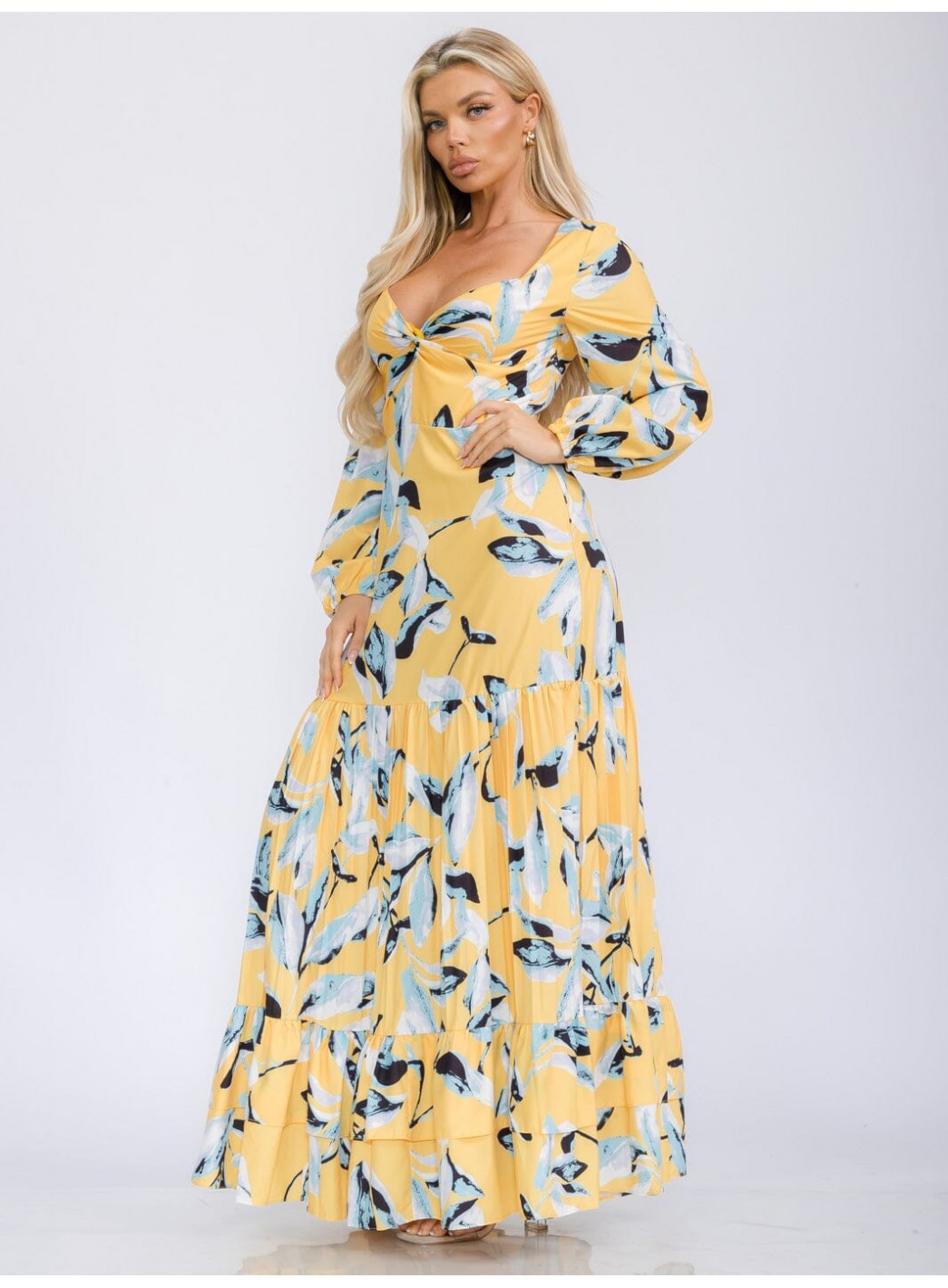 WOMEN'S LONG SLEEVE V-NECK TIERED FLORAL PRINT MAXI DRESS