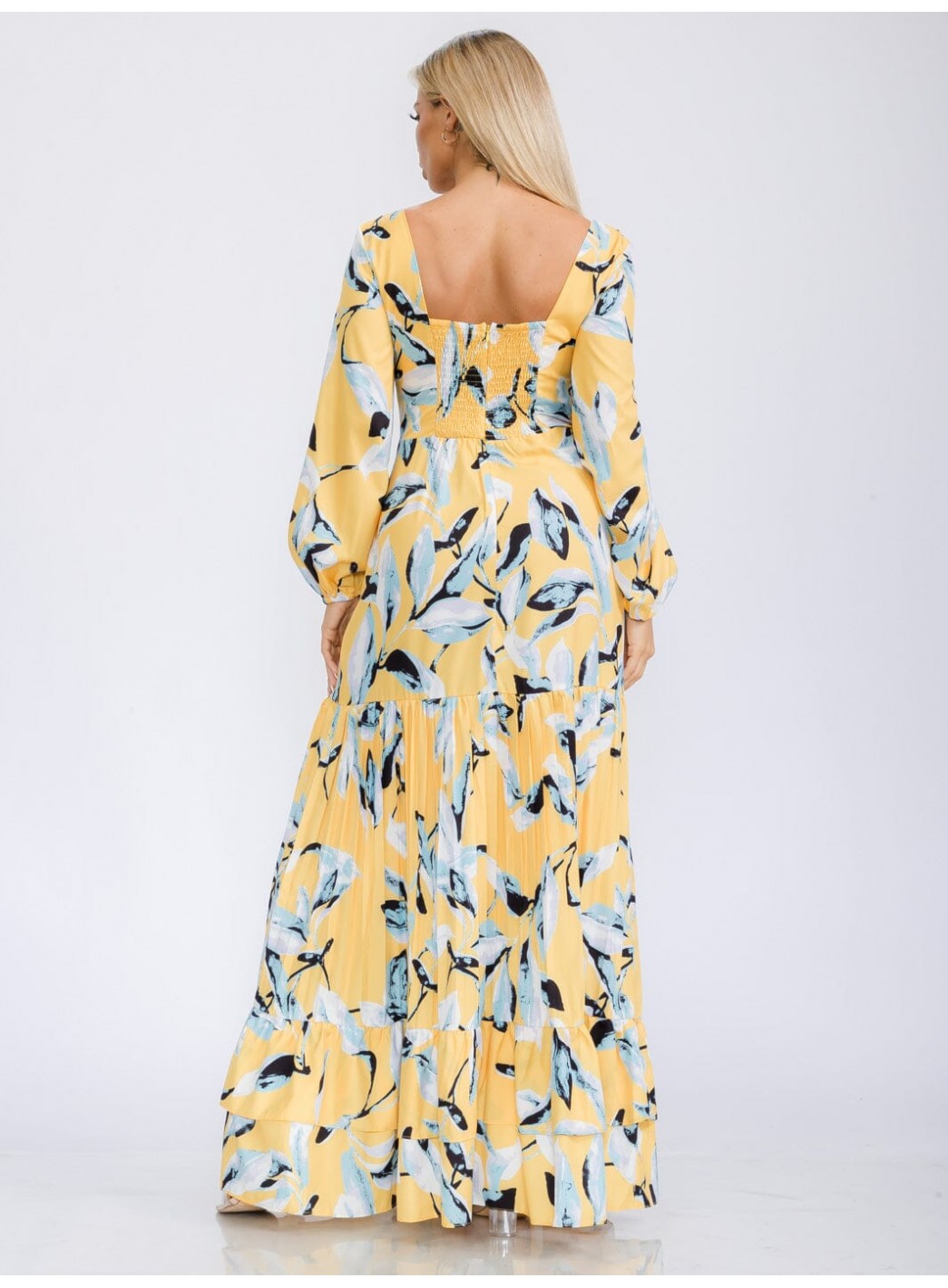 WOMEN'S LONG SLEEVE V-NECK TIERED FLORAL PRINT MAXI DRESS