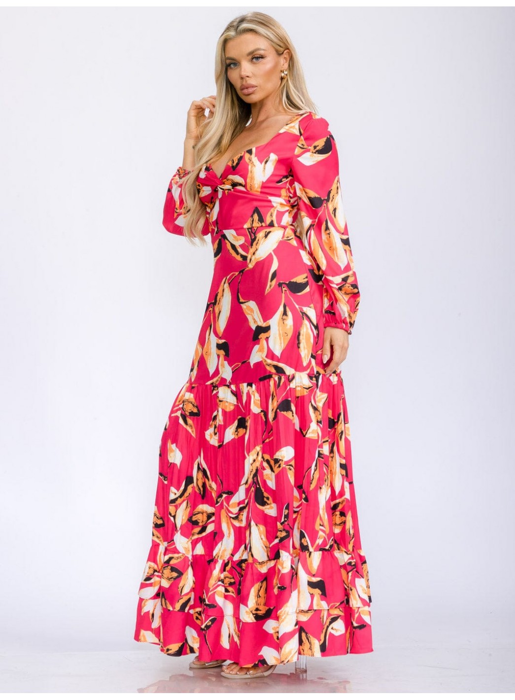 WOMEN'S LONG SLEEVE V-NECK TIERED FLORAL PRINT MAXI DRESS