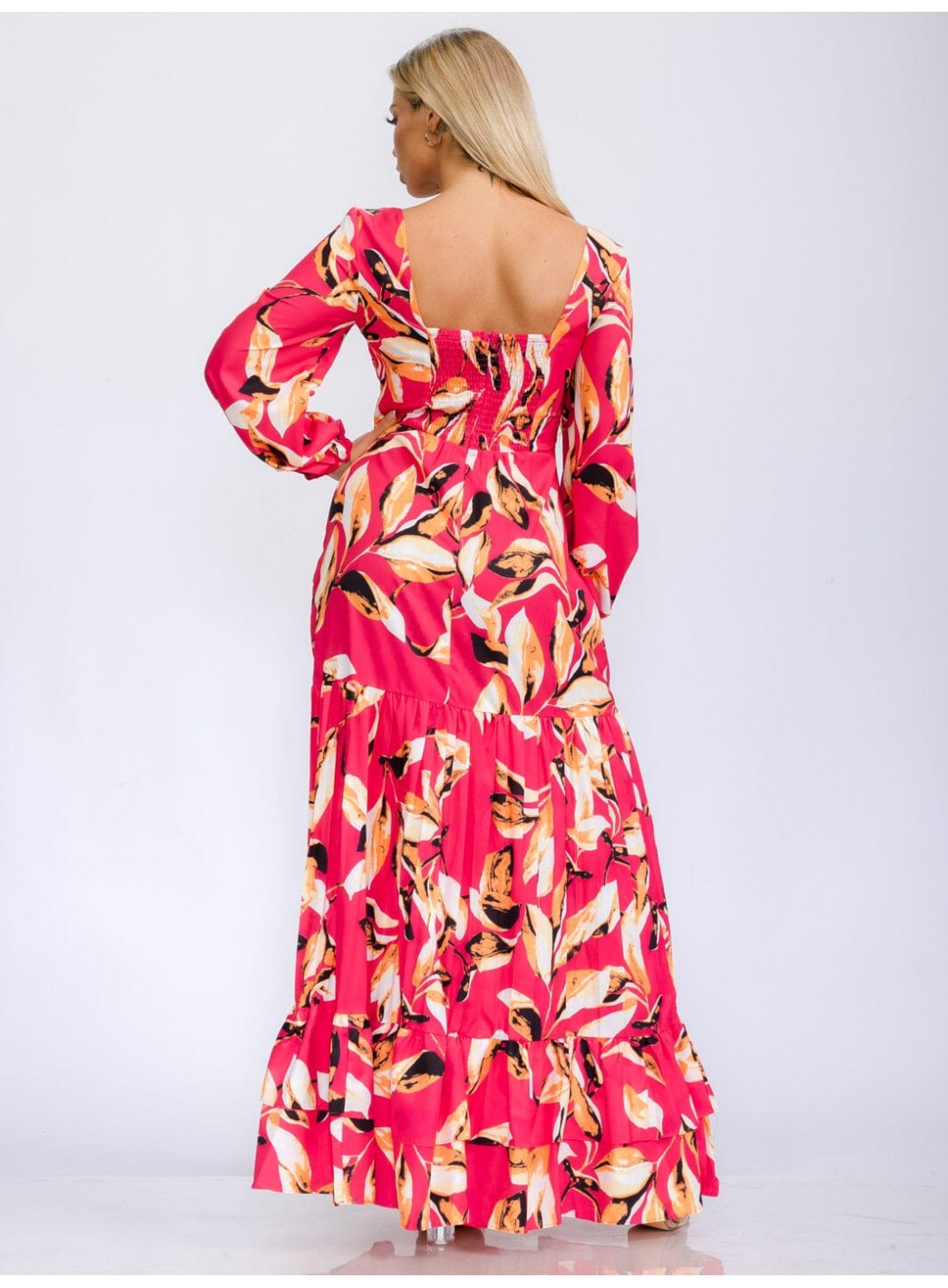 WOMEN'S LONG SLEEVE V-NECK TIERED FLORAL PRINT MAXI DRESS