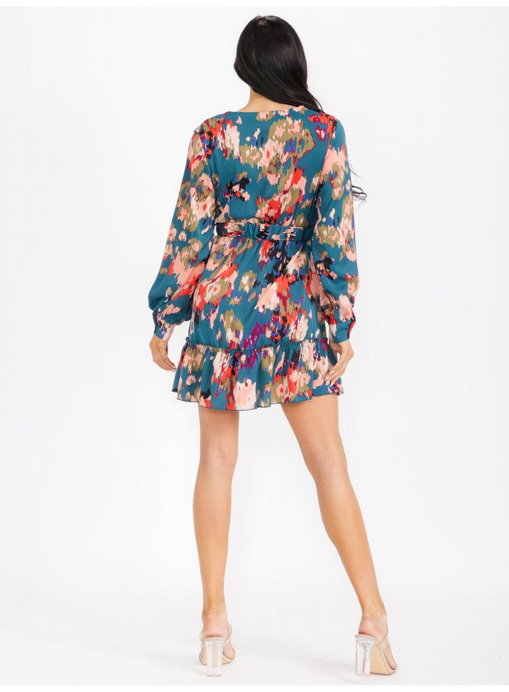 WOMEN'S LONG SLEEVE SURPLICE BELTED MULTI PRINT MINI DRESS