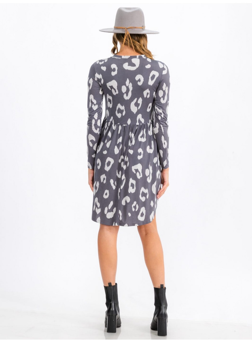 WOMEN'S LONG SLEEVE ELASTIC WAIST FRONT POCKETS ANIMAL PRINT MINI DRESS