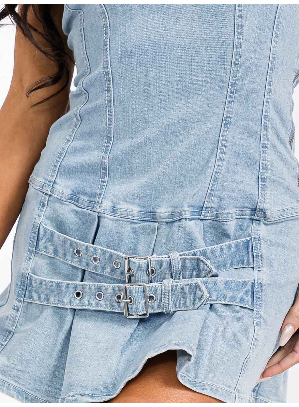 WOMEN'S SLEEVELESS FRONT BELT DETAILED DENIM TUBE MINI DRESS