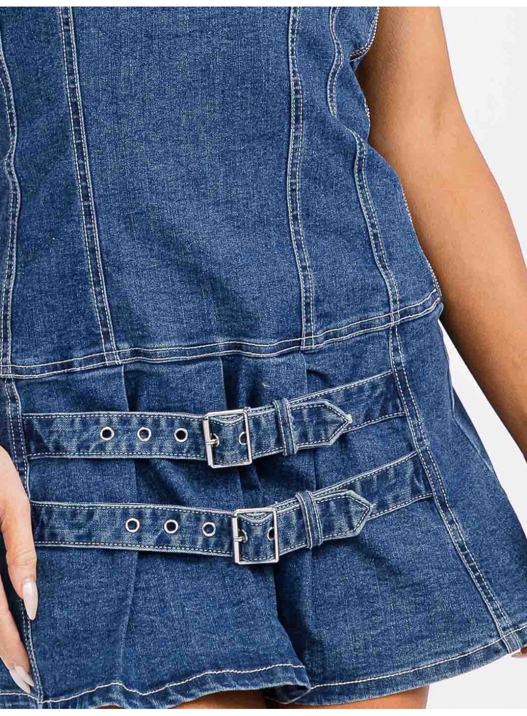 WOMEN'S SLEEVELESS FRONT BELT DETAILED DENIM TUBE MINI DRESS