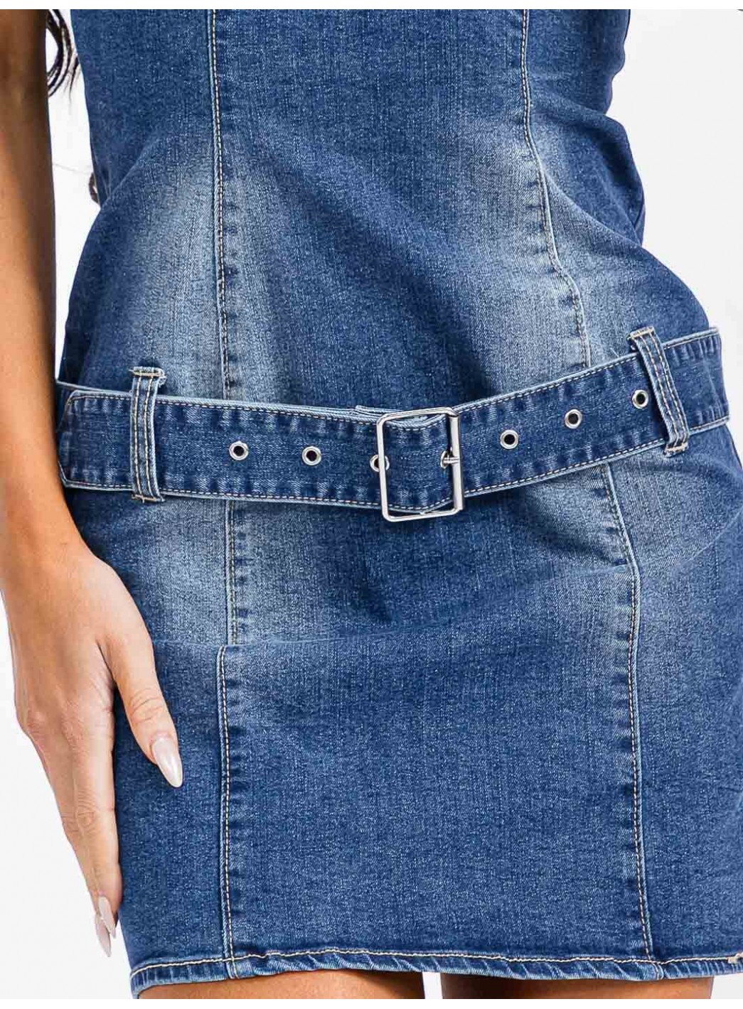 WOMEN'S SLEEVELESS FRONT BELT DETAILED DENIM WASHED MINI DRESS