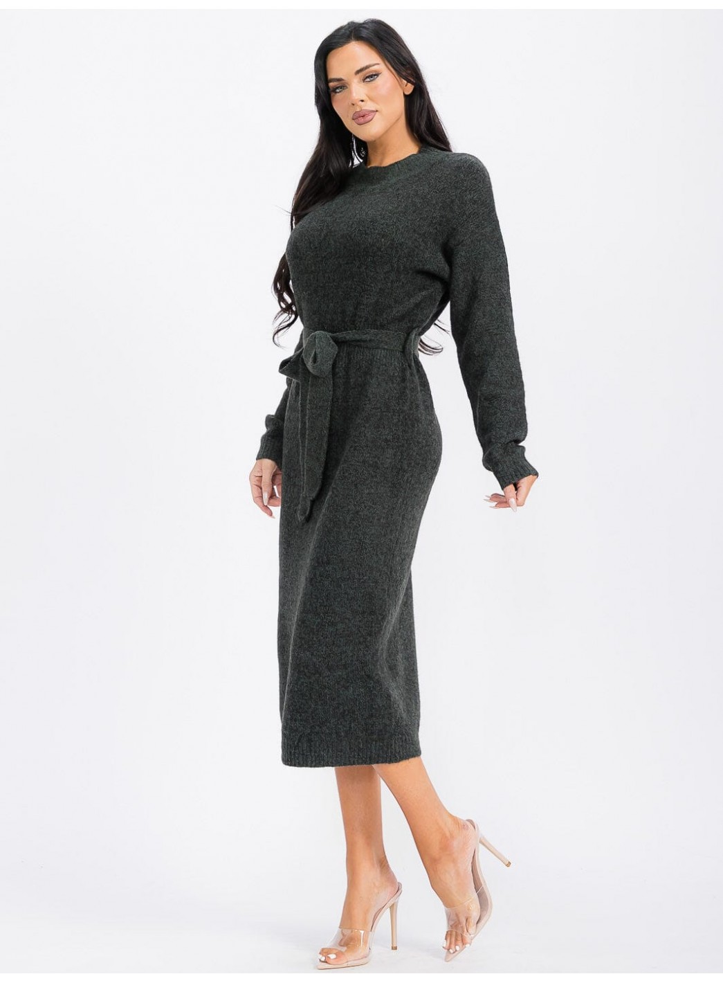 WOMEN'S LONG SLEEVE SELF TIE MAXI DRESS