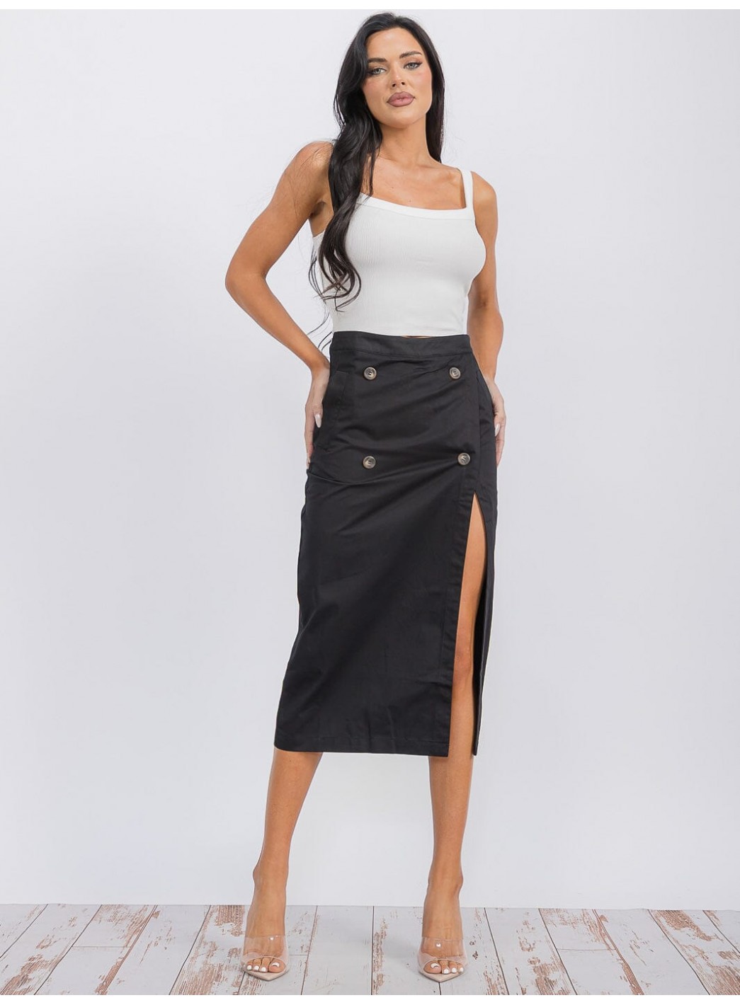WOMEN'S ZIPPER CLOSURE SLIT POCKETS MIDI SKIRT