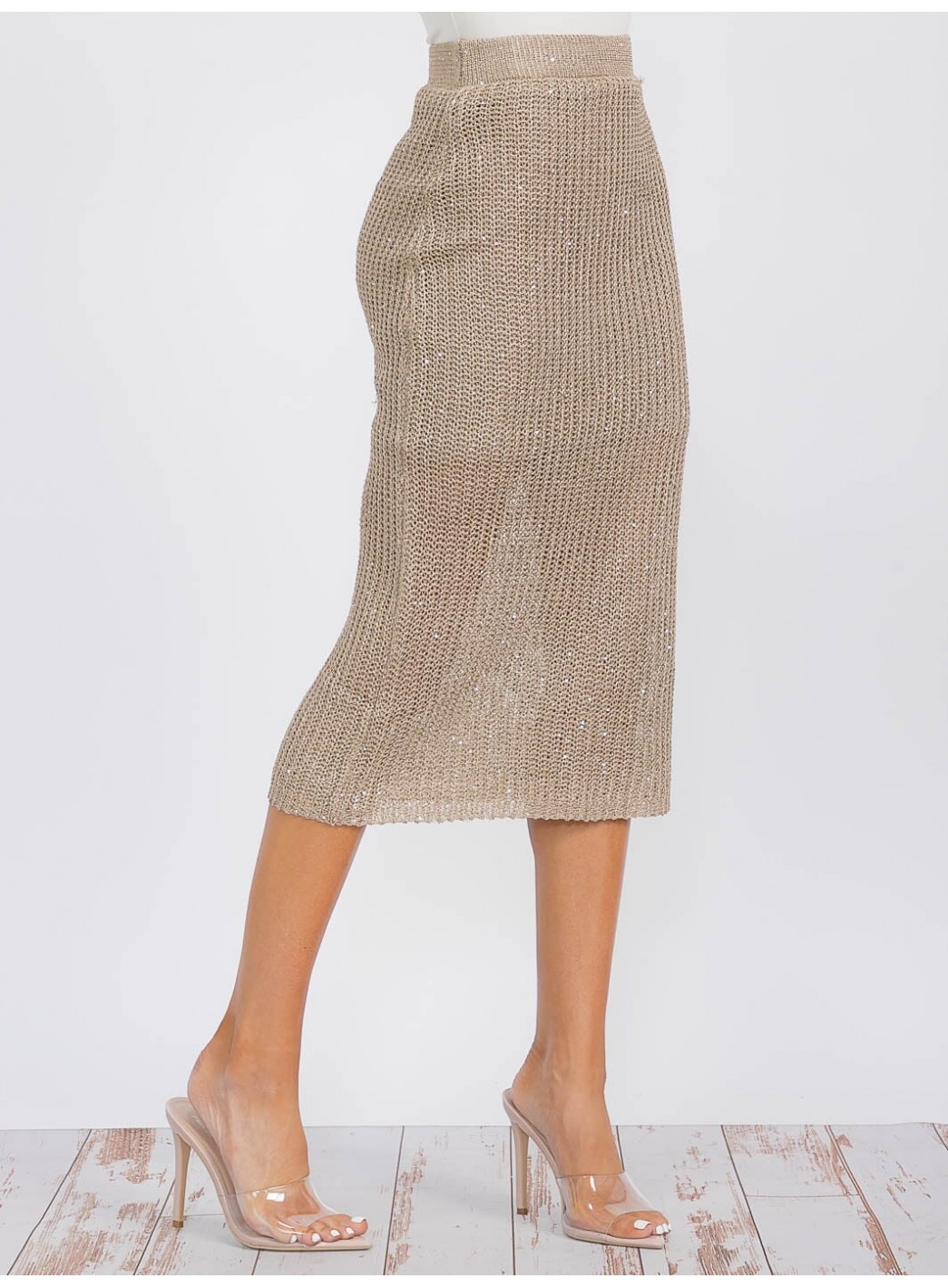 WOMEN'S ELASTIC WAIST SHIMMER KNIT MIDI SKIRT