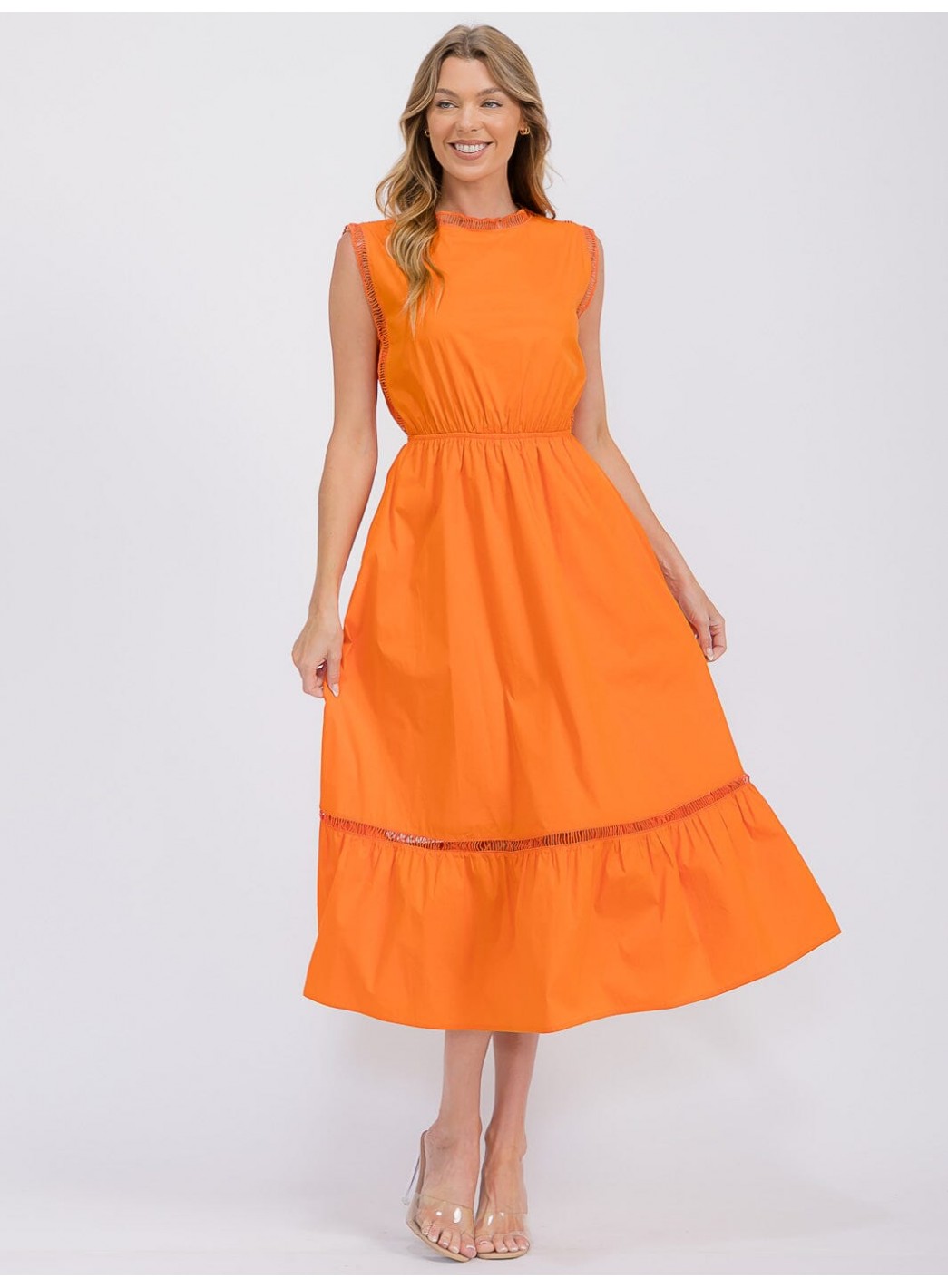 WOMEN'S SLEEVELESS FRONT POCKETS ELASTIC WAIST TIERED MAXI DRESS