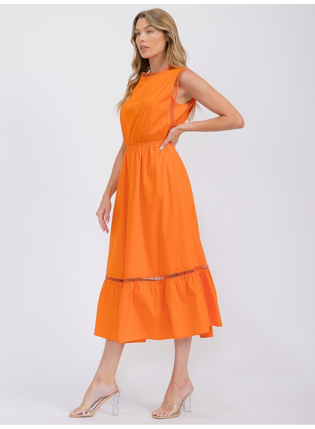 WOMEN'S SLEEVELESS FRONT POCKETS ELASTIC WAIST TIERED MAXI DRESS