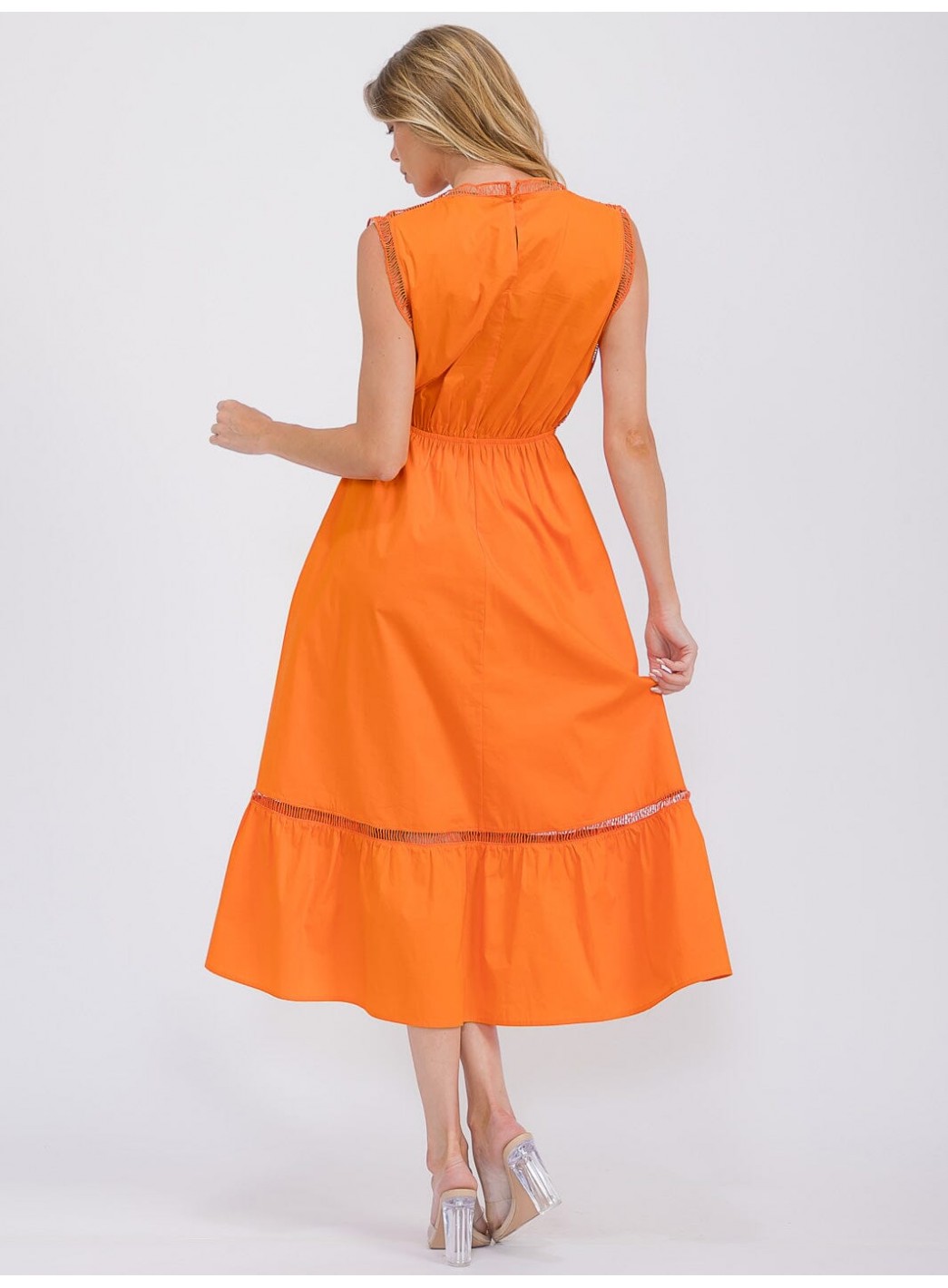 WOMEN'S SLEEVELESS FRONT POCKETS ELASTIC WAIST TIERED MAXI DRESS