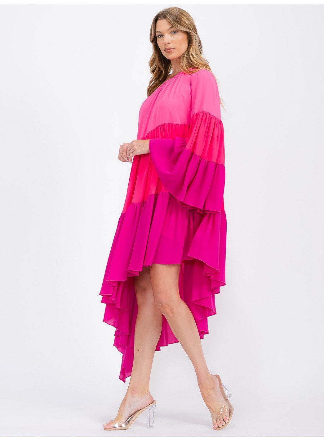 WOMEN'S ONE SHOLDER LONG SLEEVE POCKETS TIERED HIGH-LOW COLORBLOCK MIDI DRESS