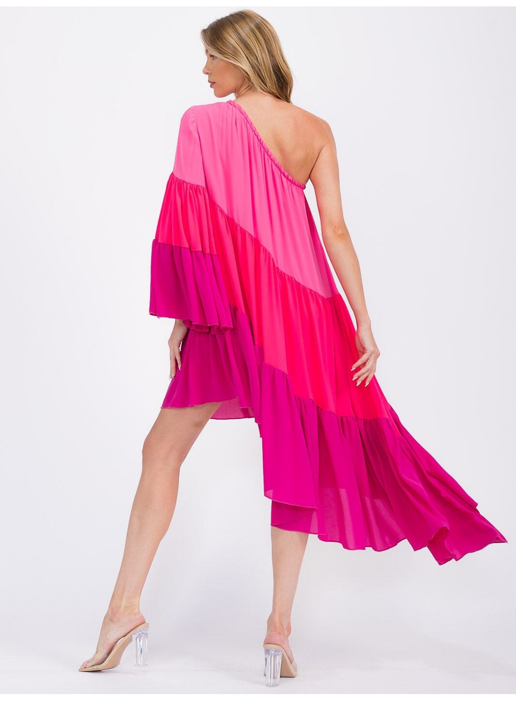 WOMEN'S ONE SHOLDER LONG SLEEVE POCKETS TIERED HIGH-LOW COLORBLOCK MIDI DRESS