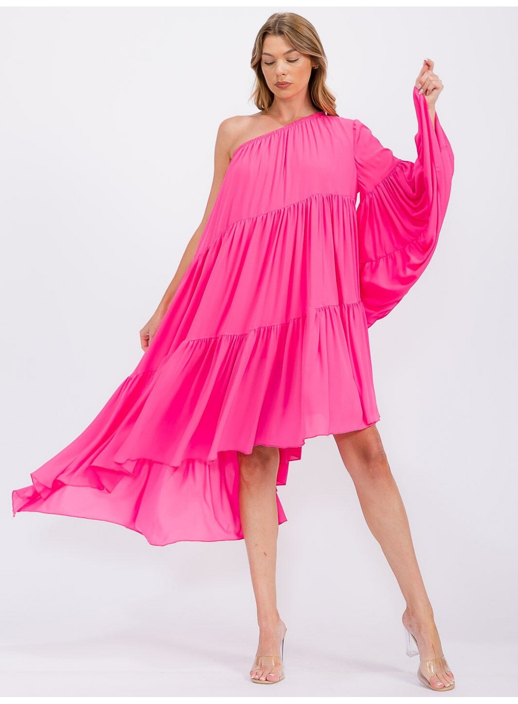 WOMEN'S ONE SHOLDER LONG SLEEVE POCKETS TIERED HIGH-LOW MIDI DRESS