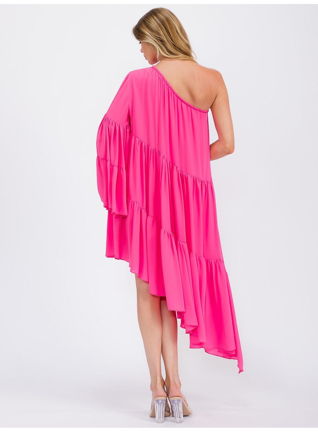 WOMEN'S ONE SHOLDER LONG SLEEVE POCKETS TIERED HIGH-LOW MIDI DRESS