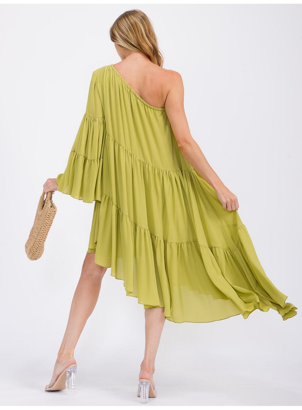 WOMEN'S ONE SHOLDER LONG SLEEVE POCKETS TIERED HIGH-LOW MIDI DRESS