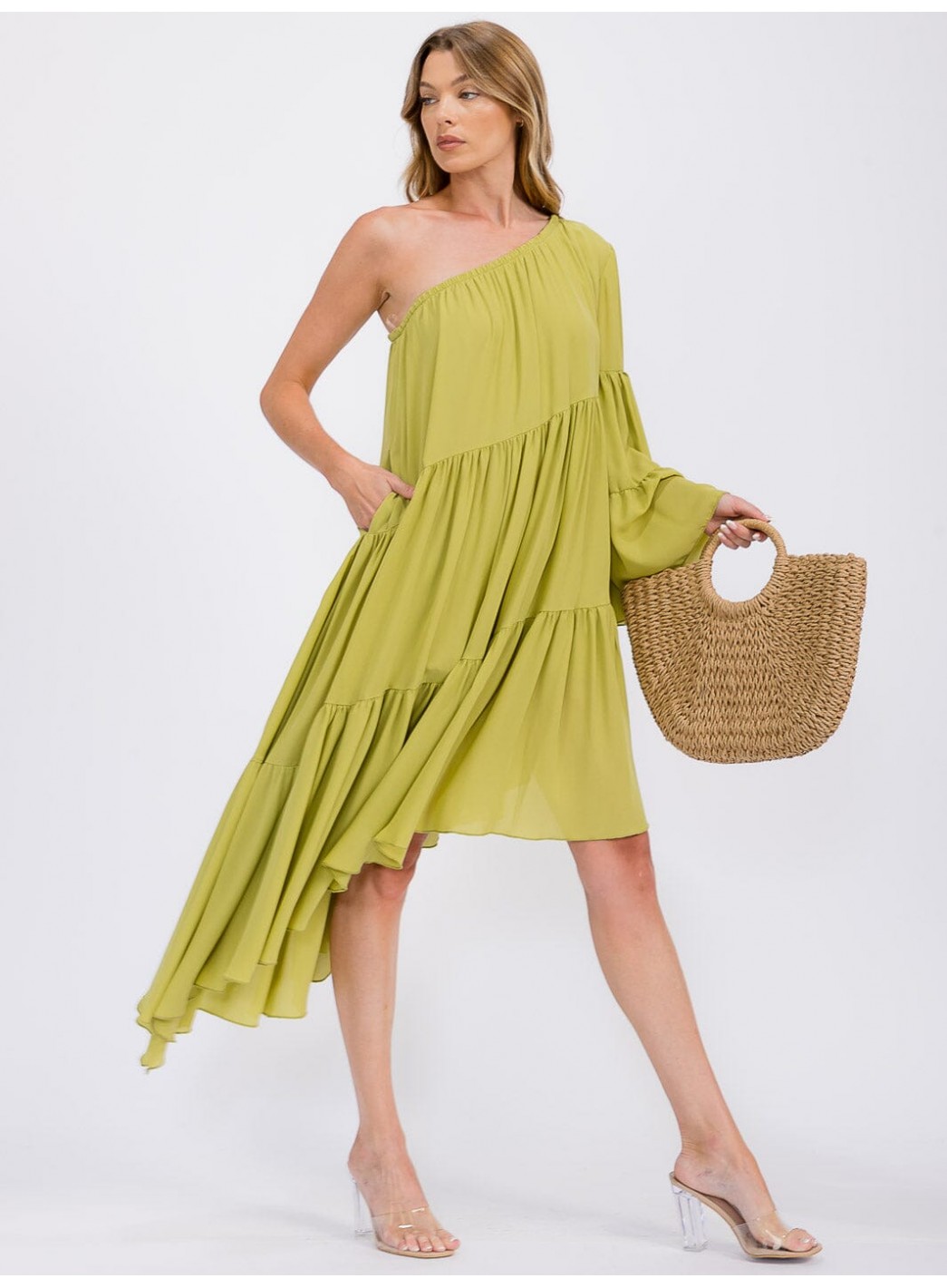 WOMEN'S ONE SHOLDER LONG SLEEVE POCKETS TIERED HIGH-LOW MIDI DRESS