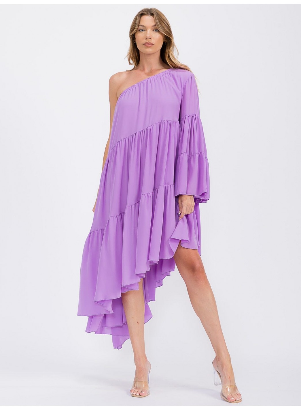 WOMEN'S ONE SHOLDER LONG SLEEVE POCKETS TIERED HIGH-LOW MIDI DRESS