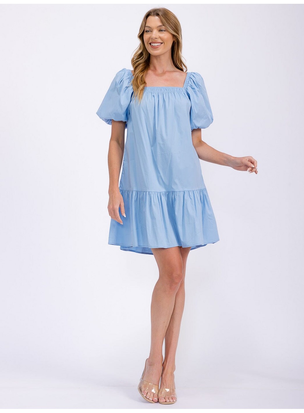 WOMEN'S SHORT PUFF SLEEVE FRONT POCKETS TIERED MINI DRESS