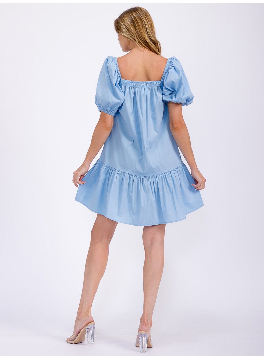 WOMEN'S SHORT PUFF SLEEVE FRONT POCKETS TIERED MINI DRESS