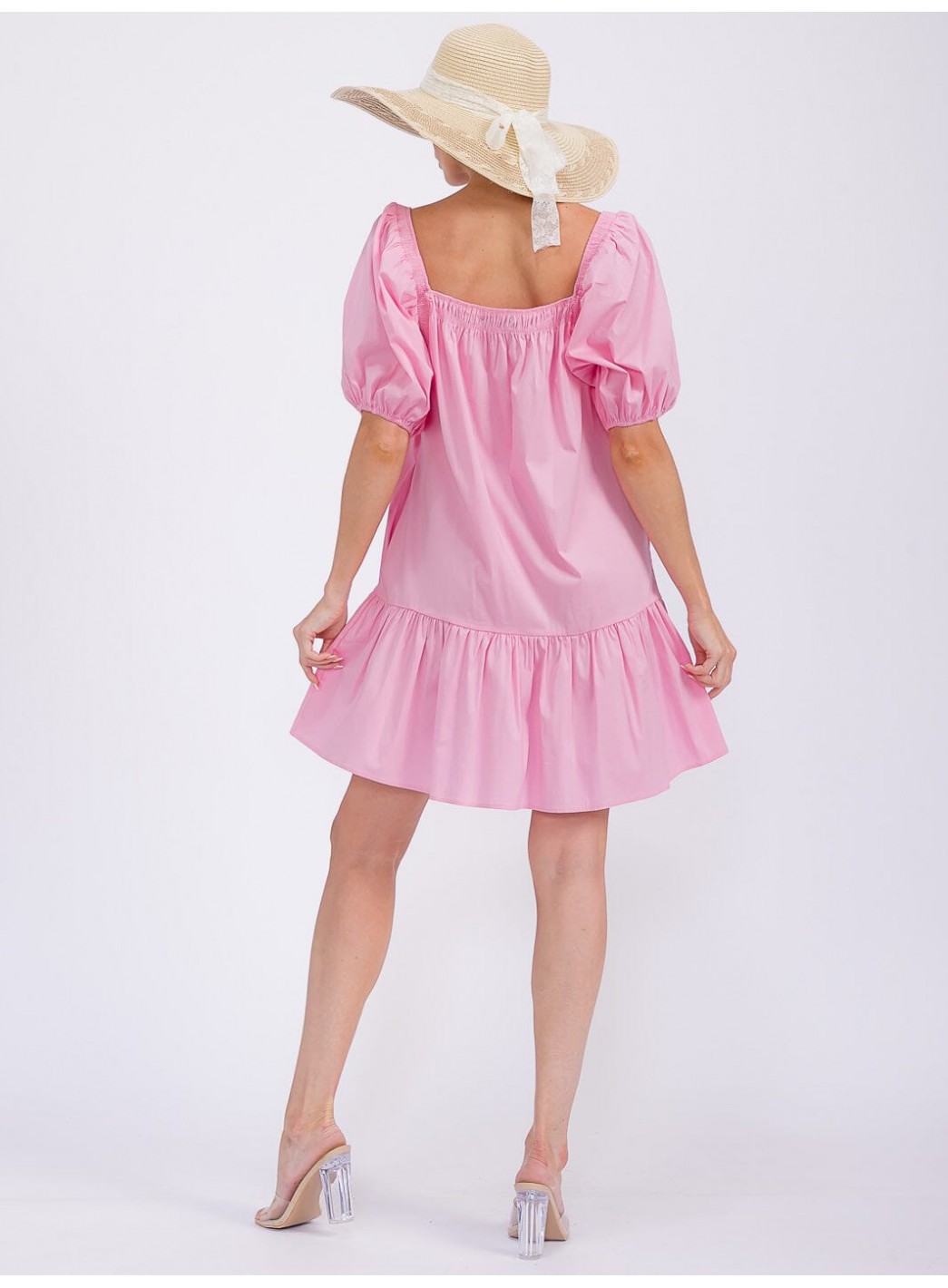 WOMEN'S SHORT PUFF SLEEVE FRONT POCKETS TIERED MINI DRESS