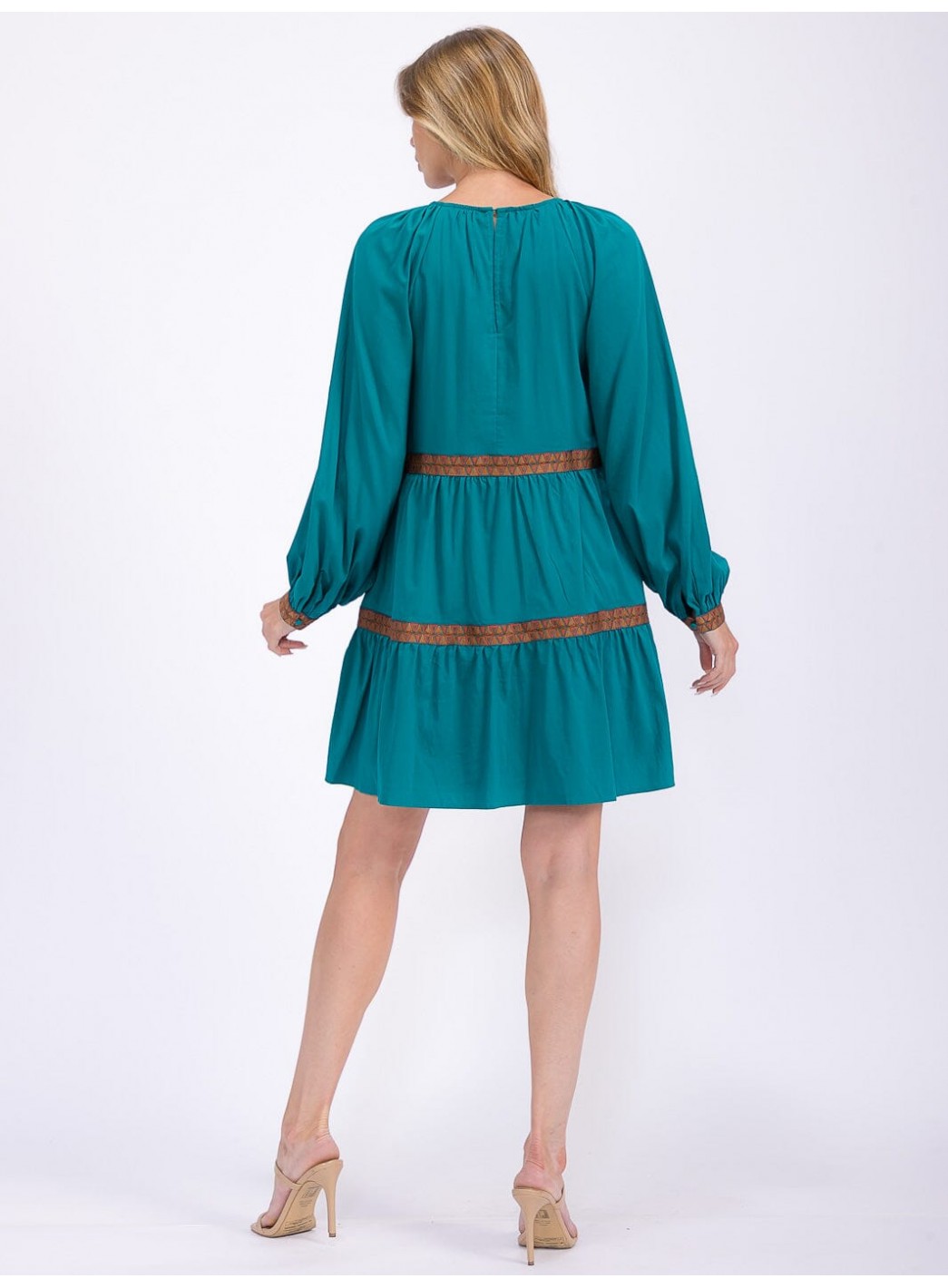 WOMEN'S LONG SLEEVE TRIM DETAILED TIERED MINI DRESS