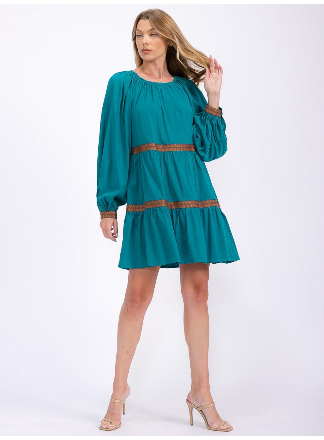 WOMEN'S LONG SLEEVE TRIM DETAILED TIERED MINI DRESS