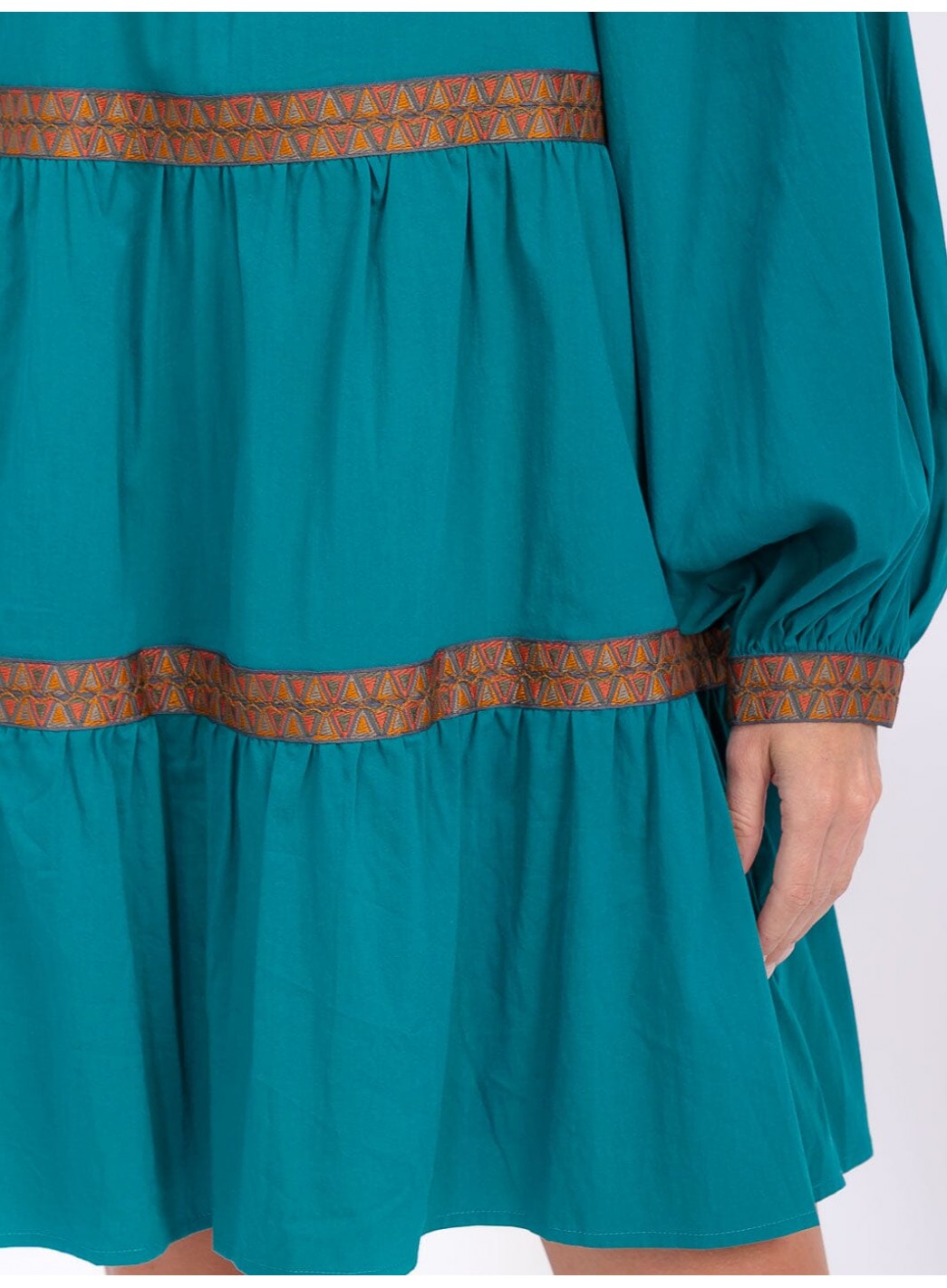 WOMEN'S LONG SLEEVE TRIM DETAILED TIERED MINI DRESS