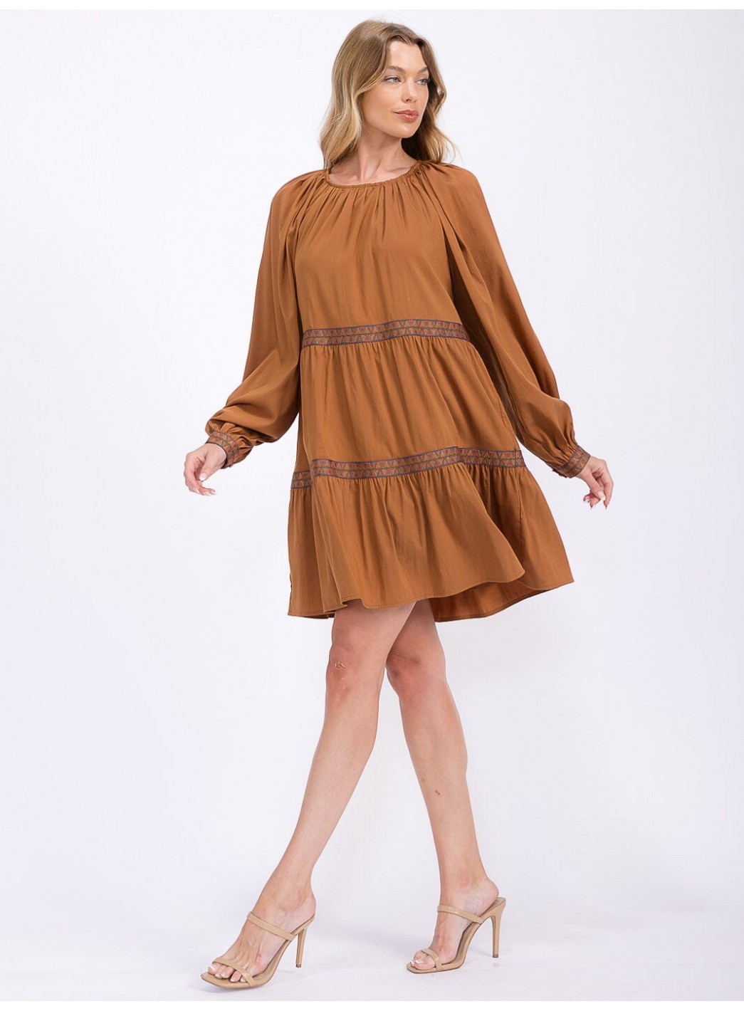 WOMEN'S LONG SLEEVE TRIM DETAILED TIERED MINI DRESS