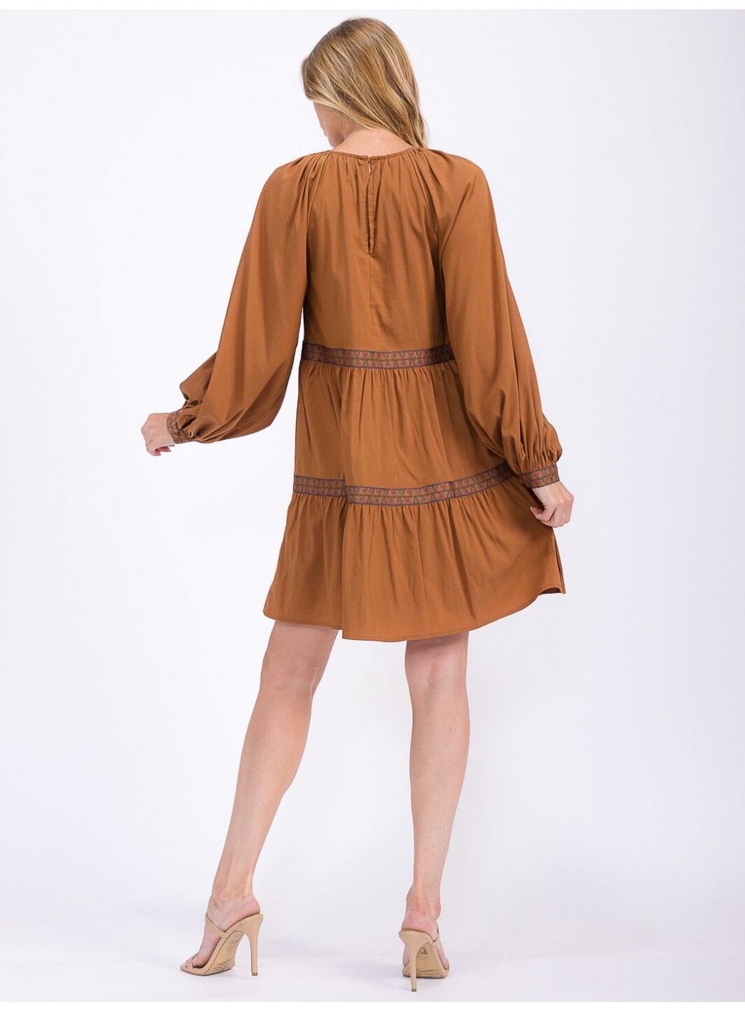 WOMEN'S LONG SLEEVE TRIM DETAILED TIERED MINI DRESS