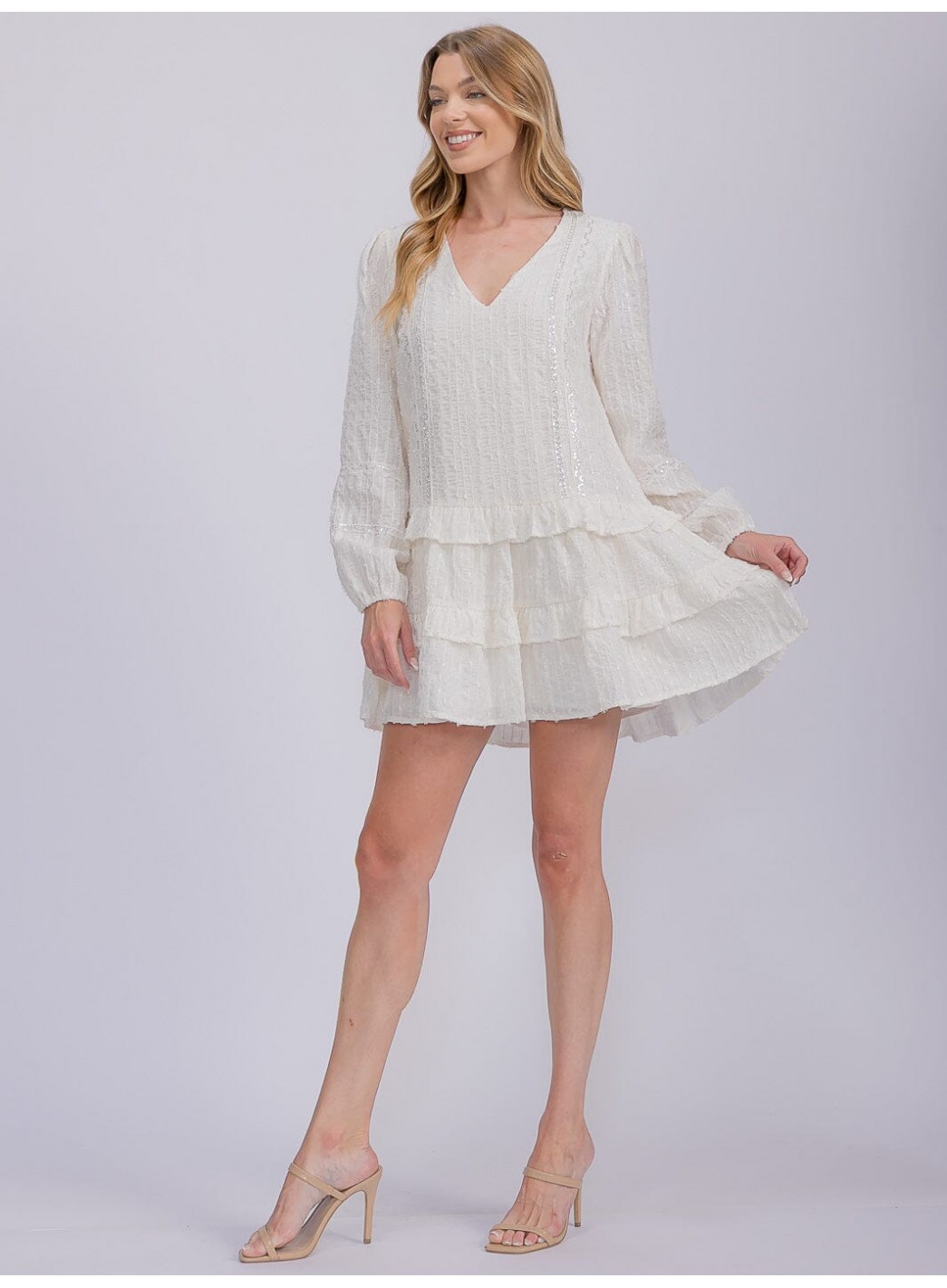 WOMEN'S LONG SLEEVE V-NECK RUFFLE TIERED SHIMMER MINI DRESS