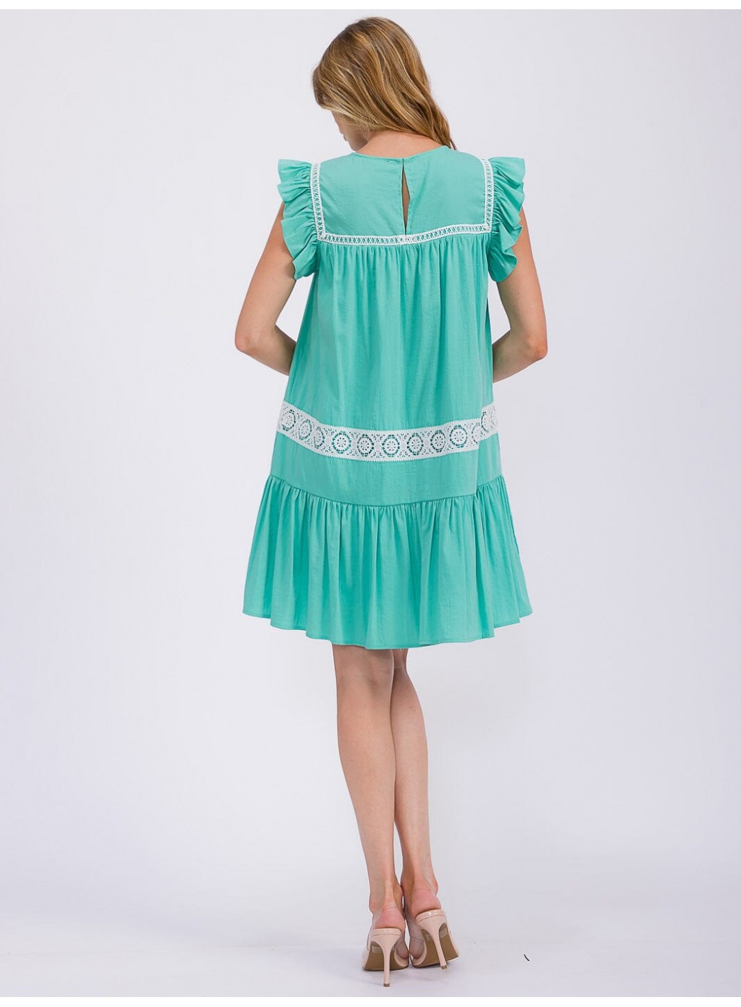 WOMEN'S RUFFLE SLEEVE TRIM DETAILED TIERED TUNIC MINI DRESS