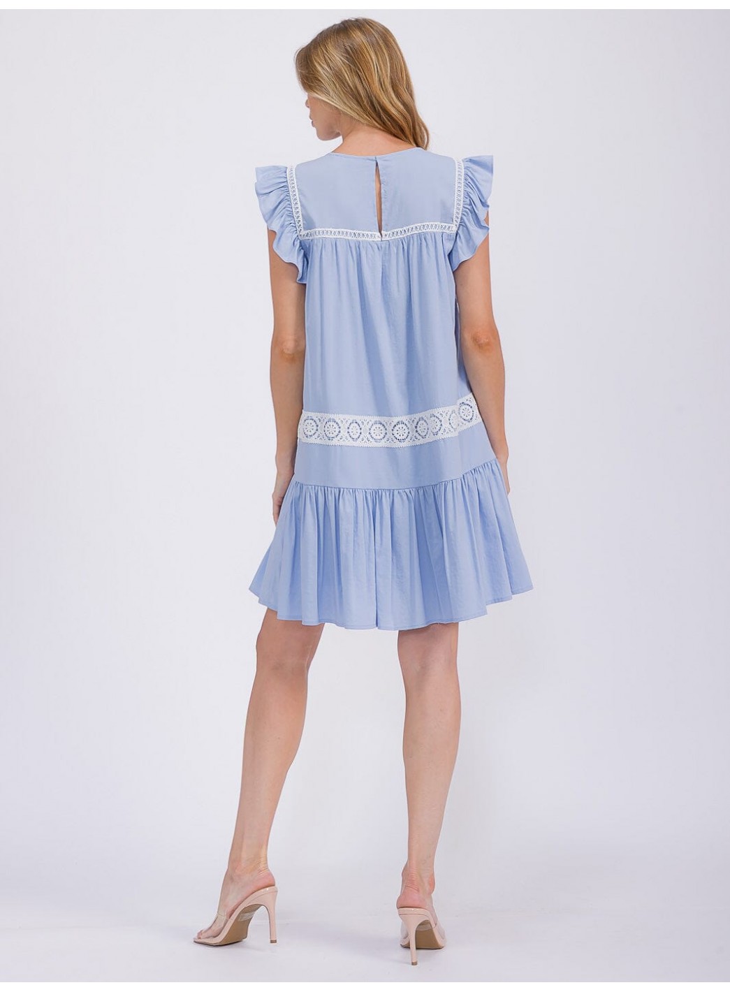 WOMEN'S RUFFLE SLEEVE TRIM DETAILED TIERED TUNIC MINI DRESS