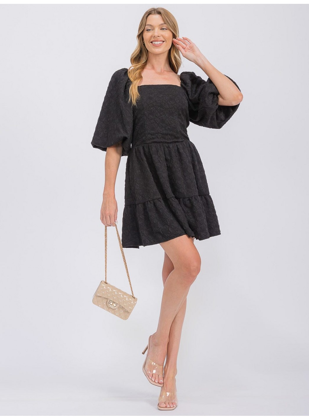 WOMEN'S SHORT PUFF SLEEVE SQUARE NECK SMOCK DETAILED TIERED MINI DRESS