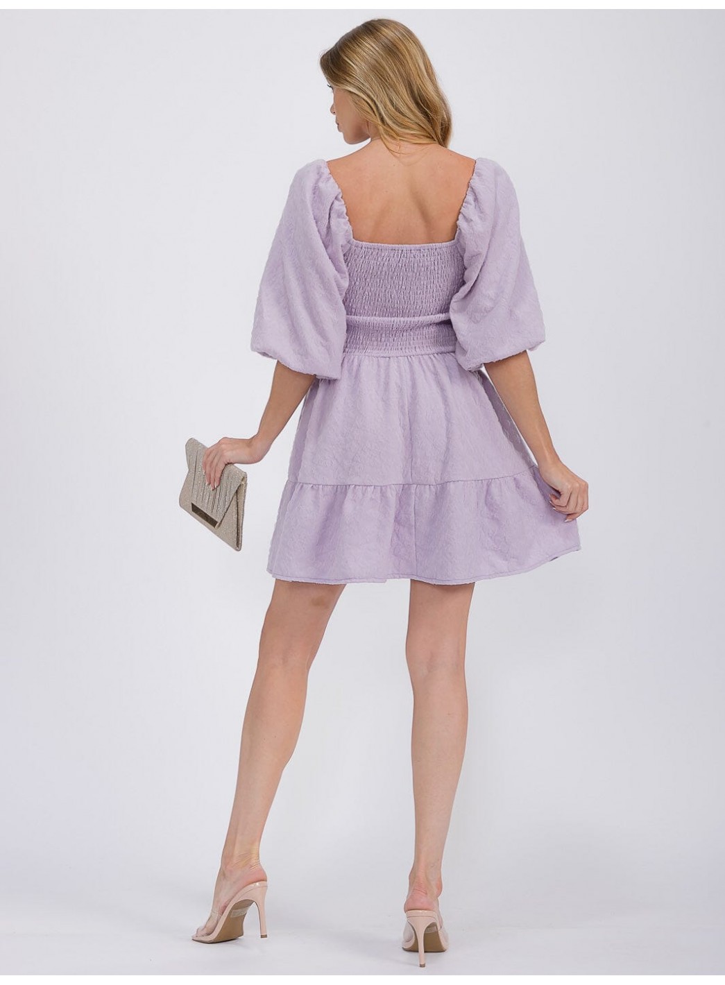 WOMEN'S SHORT PUFF SLEEVE SQUARE NECK SMOCK DETAILED TIERED MINI DRESS