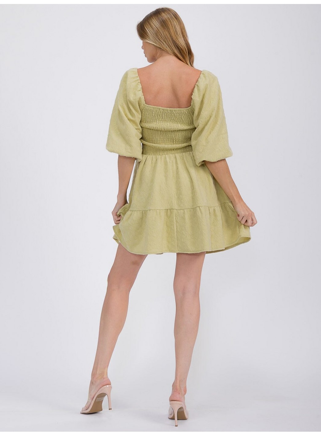 WOMEN'S SHORT PUFF SLEEVE SQUARE NECK SMOCK DETAILED TIERED MINI DRESS