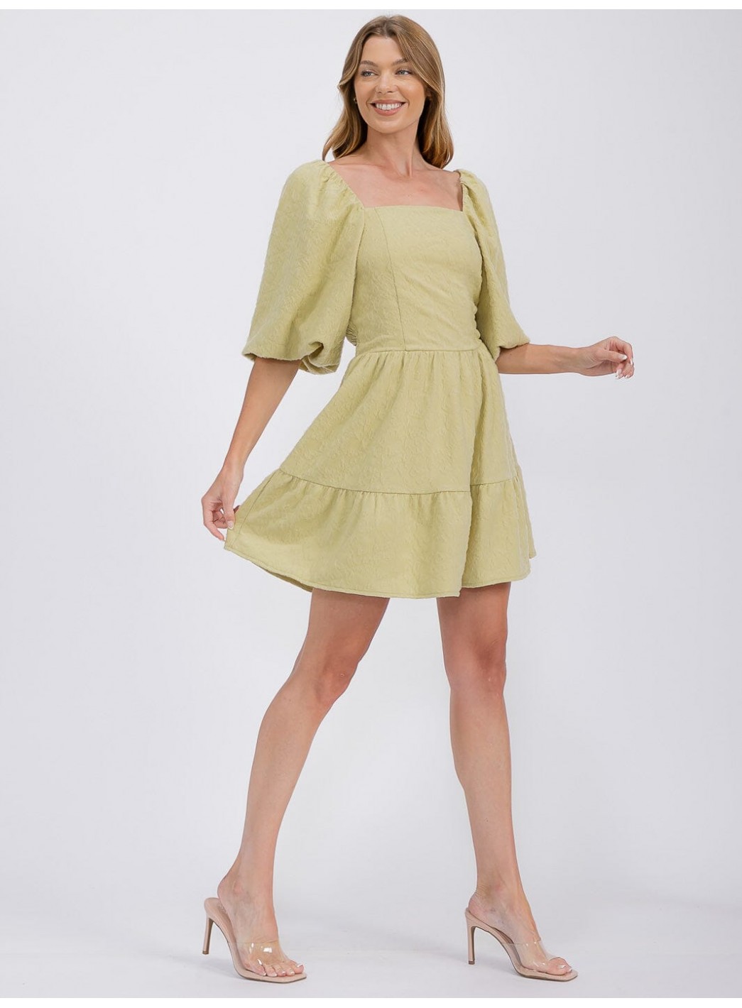 WOMEN'S SHORT PUFF SLEEVE SQUARE NECK SMOCK DETAILED TIERED MINI DRESS