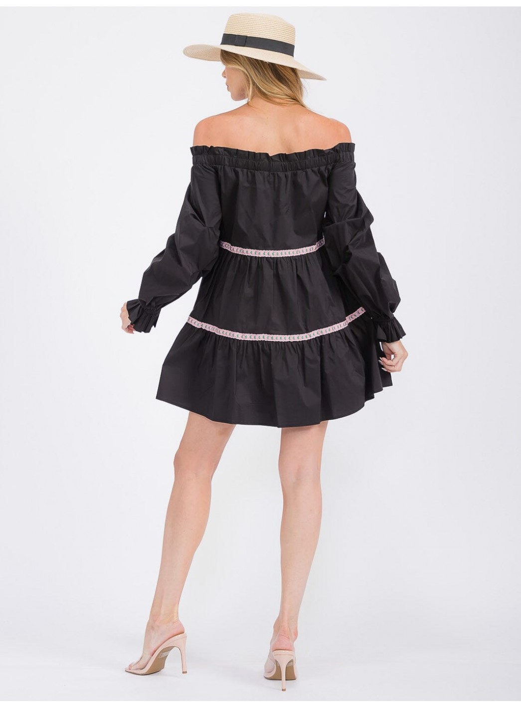 WOMEN'S LONG SLEEVE OFF SHOULDER TRIM DETAILED TIERED MINI DRESS